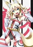  akiyasu animal_ears blonde_hair detached_sleeves fang fox_ears fox_shadow_puppet fox_tail green_eyes kitsunezuka_kyuu open_mouth original solo tail twintails 