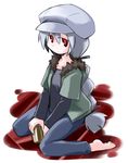  barefoot braid double_brid hat kugelschreiber long_hair red_eyes simple_background sitting solo very_long_hair wariza white_background 