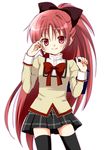  alternate_costume black_legwear blush bow hair_bow long_hair long_ponytail looking_at_viewer mahou_shoujo_madoka_magica oumi_neneha ponytail red_eyes red_hair sakura_kyouko school_uniform simple_background smile solo thighhighs white_background wide_ponytail zettai_ryouiki 