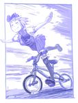  balancing bicycle blue closed_eyes ground_vehicle hair_ribbon hairband konpaku_youmu kousaku leg_up monochrome outstretched_arms ribbon riding short_hair skirt smile solo spread_arms thighhighs touhou yukkuri_youmu_to_hontou_wa_kowai_cthulhu_shinwa 