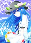  bad_id bad_pixiv_id blue_eyes blue_hair bow food frills fruit hat hinanawi_tenshi leaf light_smile long_hair looking_at_viewer mate_muro peach short_sleeves smile solo touhou very_long_hair 