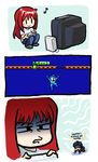  1girl 3koma :&gt; aozaki_aoko comic controller english game_console game_controller jonathan_kim melty_blood orz playing_games red_hair rockman rockman_(character) rockman_(classic) television toono_shiki tsukihime video_game wii wii_remote 