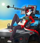  bottomless breasts cherry_(macmegagerc) clothed clothing desert feline female hair_over_eye half-dressed machine_gun macmegagerc mammal one_eye_closed red_cross smile solo sun tiger vehicle 