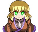  &gt;:( :&lt; anger_vein blonde_hair breasts frown green_eyes large_breasts mizuhashi_parsee mono_(moiky) pointy_ears scarf short_hair solo touhou transparent_background v-shaped_eyebrows 