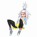  1girl blue_eyes breast_grab breasts cosplay female_protagonist_(pokemon_bw2)_(cosplay) fingering grabbing gym_leader highres homika_(pokemon) hydrangia masturbation mei_(pokemon)_(cosplay) pantyhose pokemon pokemon_(game) pokemon_bw2 shirt shirt_lift skirt solo white_hair 