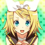  animated animated_gif blonde_hair blue_eyes hair_ornament hair_ribbon hairclip hands_clasped happy kagamine_rin lowres open_mouth own_hands_together portrait ribbon short_hair smile solo vocaloid 