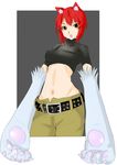  1girl animal_ears belt female highres hyakute_gyojin kaibutsu_oujo looking_at_viewer midriff mound_of_venus navel open_mouth orange_eyes paws red_hair riza_wildman short_hair solo wolf_ears 