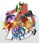  artist_request avengers black_widow bruce_banner captain_america clothed_pokemon cosplay eevee electricity espeon flareon forked_tail gen_1_pokemon gen_2_pokemon gen_4_pokemon glasses hammer hawkeye_(marvel) iron_man jolteon leaf leafeon loki_(marvel) marvel mjolnir no_humans parody pokemon pokemon_(creature) pun shield tail thor_(marvel) umbreon vaporeon 