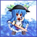  bad_id bad_pixiv_id blue_hair blush bow chibi cocozasa food frills fruit hat hinanawi_tenshi leaf long_hair open_mouth peach red_eyes short_sleeves solo sword sword_of_hisou touhou very_long_hair weapon 