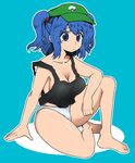  bad_id bad_pixiv_id bare_legs barefoot blue_eyes blue_hair breasts cleavage collarbone frown fuantei hair_bobbles hair_ornament hat kawashiro_nitori medium_breasts panties sad short_hair sideboob sitting solo tank_top touhou two_side_up underwear white_panties 