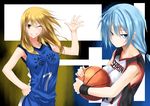  basketball basketball_uniform blonde_hair blue_eyes blue_hair genderswap genderswap_(mtf) kise_ryouta kuroko_no_basuke kuroko_tetsuya kyougoku_touya multiple_girls one_eye_closed short_hair sportswear yellow_eyes 