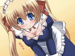  awa blonde_hair blue_eyes blush breasts cleavage huge_breasts lizlett_l_chelsie maid medium_breasts omamori_himari twintails 