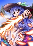  blue_hair bow food fruit fue_(fuef) hat hinanawi_tenshi leaf long_hair long_skirt mountain peach red_eyes skirt smile solo sword sword_of_hisou touhou very_long_hair weapon 