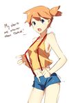  bare_shoulders blue_eyes breasts cowboy_shot crop_top english kasumi_(pokemon) medium_breasts midriff navel open_fly open_mouth orange_hair pokemon pokemon_(anime) short_shorts shorts side_ponytail solo suspenders tank_top text_focus unbuttoned unzipped weee_(raemz) 