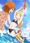  bikini black_hair blonde_hair brown_eyes brown_hair closed_eyes frenda_seivelun innertube kinuhata_saiai long_hair mugino_shizuri multiple_girls one-piece_swimsuit sakasana_(kaisen_teikoku) short_hair swimsuit takitsubo_rikou to_aru_majutsu_no_index water_gun 