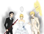  1girl 2boys ahoge artoria_pendragon_(all) bare_shoulders blonde_hair bow bowtie dress elbow_gloves expressionless fate/zero fate_(series) formal gae_dearg gate_of_babylon gilgamesh gloves green_eyes jewelry lancer_(fate/zero) lazytime7 mole mole_under_eye multiple_boys necklace polearm red_eyes saber spear strapless strapless_dress suit sword tuxedo weapon 