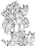  abs armor boots breastplate genderswap helm helmet league_of_legends long_hair mace midriff monochrome mordekaiser navel open_mouth ponytail shoulder_guard sketch weapon 