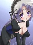  awa black_legwear blush breasts cleavage detached_sleeves facial_mark forehead_mark grey_hair headband highres jinguuji_kuesu large_breasts long_hair omamori_himari purple_eyes 