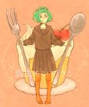  bad_id bad_pixiv_id cherry eyewear_on_head food fork fruit glasses green_eyes green_hair gumi mo14 orange_legwear pantyhose pleated_skirt sailor sailor_collar short_hair skirt solo spoon text_focus vocaloid yowamushi_mont-blanc_(vocaloid) 