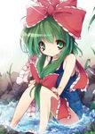  alternate_costume bad_id bad_pixiv_id bare_legs blush bow contemporary frills front_ponytail grass green_eyes green_hair hair_bow hair_ornament hair_ribbon itsutsuki kagiyama_hina leaf long_hair looking_at_viewer one-piece_swimsuit partially_submerged ribbon rock school_swimsuit sleeveless smile solo swimsuit touhou water 