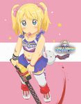  blonde_hair blood blue_eyes bunny candy chainsaw cheerleader child clothes_writing crop_top food josephine-843 juliet_starling lollipop lollipop_chainsaw midriff mouth_hold navel necktie severed_head skirt sweatdrop thighhighs twintails wristband younger 