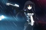  aqua_eyes auer bad_id bad_pixiv_id black_hair bodysuit breasts gun handgun highres long_hair medium_breasts open_mouth pistol qiu_ming quanneng_jinhua rain weapon 