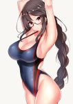  1girl armpits arms_behind_head arms_up bare_shoulders black-framed_eyewear black_hair blue_swimsuit blush braid breasts cleavage collarbone commentary_request competition_swimsuit consort_yu_(fate) covered_navel cowboy_shot ear_piercing earrings fate/grand_order fate_(series) glasses grey_background highleg highleg_swimsuit highres hips jewelry large_breasts long_hair looking_at_viewer one-piece_swimsuit piercing red_eyes sankakusui semi-rimless_eyewear shiny shiny_hair shiny_skin simple_background single_braid solo swimsuit thighs under-rim_eyewear 