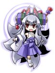  animal_ears fox_ears fox_tail grey_hair izuna_(shinrabanshou) kugelschreiber long_hair multiple_tails open_mouth red_eyes shinrabanshou smile solo tail 