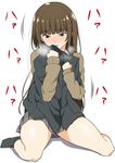  amagami bangs blush breath brown_eyes brown_hair heavy_breathing holding jacket kamizaki_risa long_hair panties pleated_skirt school_uniform shouji_nigou sitting skirt socks solo underwear wariza white_background 