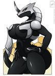  absurd_res amber_eyes android angela-45 armor big_breasts black_nipples blush breasts clothed clothing cyborg female hi_res horn huge_breasts lips looking_at_viewer metal nails nipples reptile scalie skimpy smile solo standing thighs unconvincing_armor voluptuous voluputous walter_sache wide_hips 