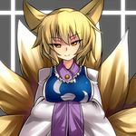  animal_ears blonde_hair breasts fox_ears fox_tail hands_in_opposite_sleeves kimagure_ringo large_breasts long_sleeves looking_at_viewer multiple_tails no_hat no_headwear smile solo tail touhou upper_body wide_sleeves yakumo_ran yellow_eyes 
