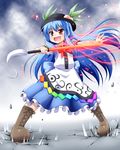  blue_hair blush bow cross-laced_footwear food frills fruit hat hinanawi_tenshi hino_hino leaf long_hair long_skirt open_mouth peach red_eyes short_sleeves skirt solo sword sword_of_hisou touhou very_long_hair weapon 