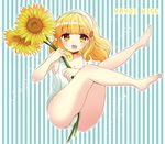  :d barefoot blonde_hair character_name flower full_body hairband kise_yayoi looking_at_viewer mozuya_murasaki one-piece_swimsuit open_mouth precure school_swimsuit short_hair smile smile_precure! solo striped striped_background sunflower swimsuit vertical-striped_background vertical_stripes white_hairband white_school_swimsuit white_swimsuit yellow_eyes 