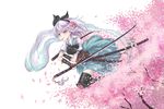  armor cherry_blossoms dual_wielding flower gauntlets ghost hair_ornament hairband hitodama holding katana konpaku_youmu konpaku_youmu_(ghost) mumulatte petals pink_eyes scabbard sheath short_hair silver_hair solo sword touhou unsheathed weapon 