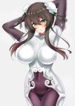  1girl armpits arms_behind_head arms_up bangs blush bodysuit breasts brown_hair bun_cover chinese_clothes commentary_request covered_navel double_bun fate/grand_order fate_(series) green_eyes green_ribbon hair_between_eyes hair_ribbon highres hips large_breasts long_hair looking_at_viewer parted_lips qin_liangyu_(fate) ribbon sankakusui sidelocks simple_background solo thighs white_background white_bodysuit 