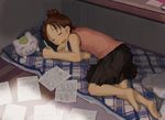  :3 barefoot blush brown_hair closed_eyes copyright_request drawing futon lying paper pen quzilax short_hair sleeping solo 