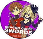  1girl blonde_hair breasts cleavage collar corset dragon_quest dragon_quest_swords dramatica dress elbow_gloves feathers gloves hair_feathers hero_(dq_swords) large_breasts purple_eyes setia sword weapon 