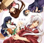  3boys animal_ears blue_eyes blue_hair brown_eyes brown_hair high_ponytail higurashi_kagome inuyasha inuyasha_(character) japanese_clothes jewelry kesa kurot long_hair miroku_(inuyasha) multiple_boys multiple_girls necklace ponytail red_hair sango school_uniform serafuku shippou_(inuyasha) short_hair tail white_hair yellow_eyes 