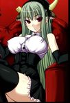  alternate_costume bangs breasts broken_horn buttons ex-keine green_hair highres horns jema kamishirasawa_keine large_breasts long_hair red_eyes solo thighhighs thighs touhou 