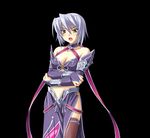  bare_shoulders blue_hair breasts cleavage game_cg kayuu koihime_musou medium_breasts midriff red_eyes saeki_hokuto short_hair solo thighhighs 