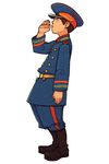  advance_wars advance_wars:_dual_strike belt black_eyes boots brown_hair buttons ewan frown full_body hat highres hirata_ryou male_focus military military_uniform official_art peaked_cap profile salute simple_background solo standing uniform 
