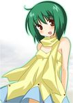  :d arms_behind_back bare_shoulders blush breasts brown_eyes cowboy_shot dress looking_at_viewer macross macross_frontier open_mouth ranka_lee shiratama_yomogi simple_background small_breasts smile solo strapless strapless_dress white_background yellow_dress 