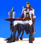  alcohol bottle chair champagne code_geass food fruit highres jeremiah_gottwald male_focus manly mask screencap solo stitched table third-party_edit 