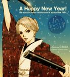  2004 chris_lightfellow gensou_suikoden gensou_suikoden_iii hair_bun japanese_clothes lowres neutral_seeds new_year purple_eyes silver_hair snow solo sword weapon 