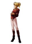  blonde_hair boots capri_pants choker flare_en_kuldes full_body gensou_suikoden gensou_suikoden_iv hands_clasped jewelry kawano_junko knee_boots official_art own_hands_together pants ponytail purple_eyes ring short_hair simple_background solo standing wedding_band 