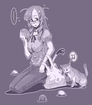  bag blush braid breasts cat copyright_request covered_nipples food fruit glasses groceries impossible_clothes impossible_shirt kneeling large_breasts long_hair messy_hair monochrome purple shirt shopping_bag solo spring_onion sweatdrop taru_neko twin_braids 