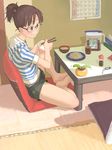  barefoot brown_hair chopsticks copyright_request cup drink eating food glasses hood hoodie ponytail quzilax rice short_hair shorts sitting smile solo striped 