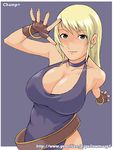  bare_shoulders belt blonde_hair blue_eyes blush bonne_jenet bracelet breasts champ+ cleavage collar curvy dress elbow_gloves fatal_fury fingerless_gloves gloves hat jewelry large_breasts long_hair mark_of_the_wolves muscle no_bra one_eye_closed pirate plump skirt snk solo thighhighs thighs 