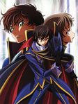  2boys absurdres artist_request ashford_academy_uniform cape code_geass helmet highres knights_of_the_round_uniform kururugi_suzaku lelouch_lamperouge multiple_boys official_art rolo_lamperouge 