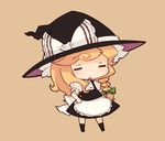  =_= apron bangs black_hat black_legwear black_skirt black_vest blonde_hair bow braid brown_background chibi eyebrows_visible_through_hair frilled_apron frills full_body green_bow hair_bow hand_on_hip hat hat_bow hat_ribbon kirisame_marisa kneehighs long_hair mota puffy_short_sleeves puffy_sleeves ribbon shirt short_sleeves simple_background skirt solo standing touhou triangle vest waist_apron white_apron white_bow white_ribbon white_shirt witch_hat 